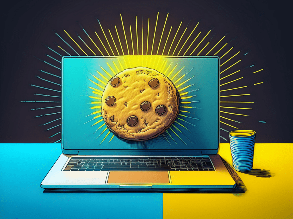 A laptop with a cookie coming up like a sunrise